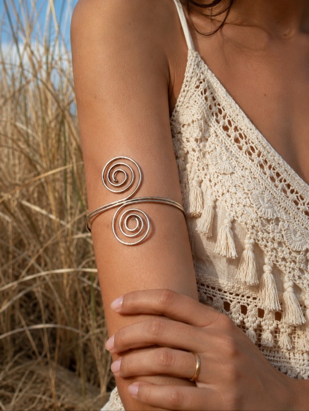 Silver Spiral Upper Arm Cuff Boho Swirl Armlet Adjustable Statement 3.4" Band